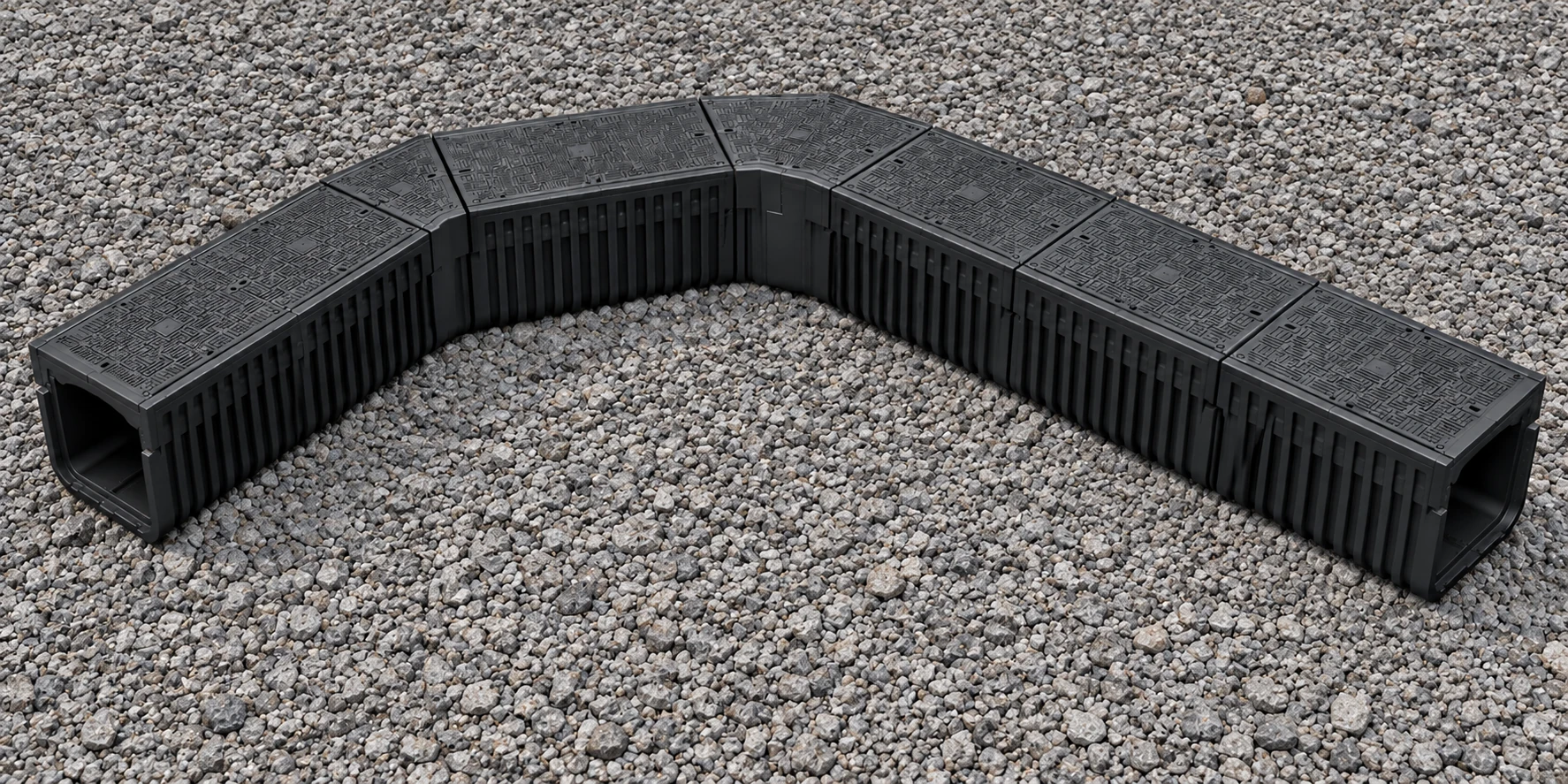 Illustration of connected EcoTrough straights and corners on gravel