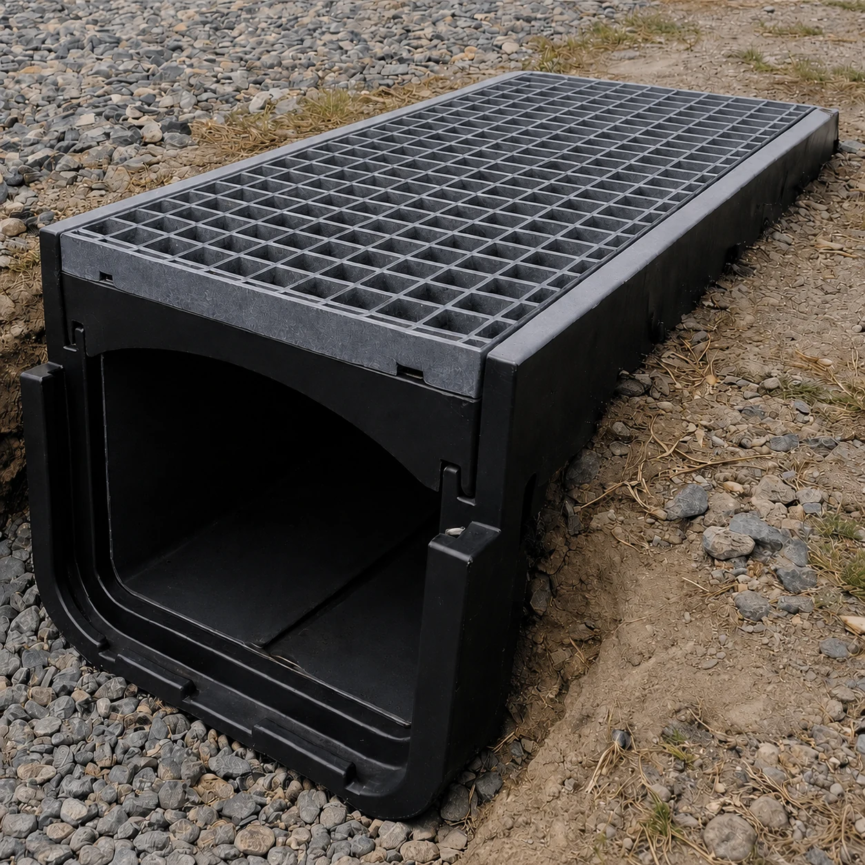 EcoTrough polymer cable trough product view on gravel